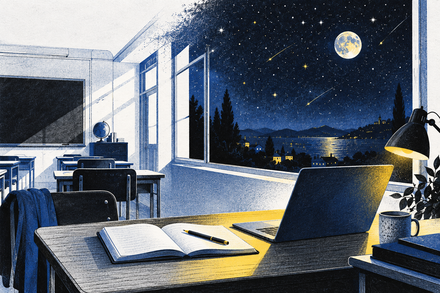 An open notebook and laptop beneath a classroom window opening onto a night sky.