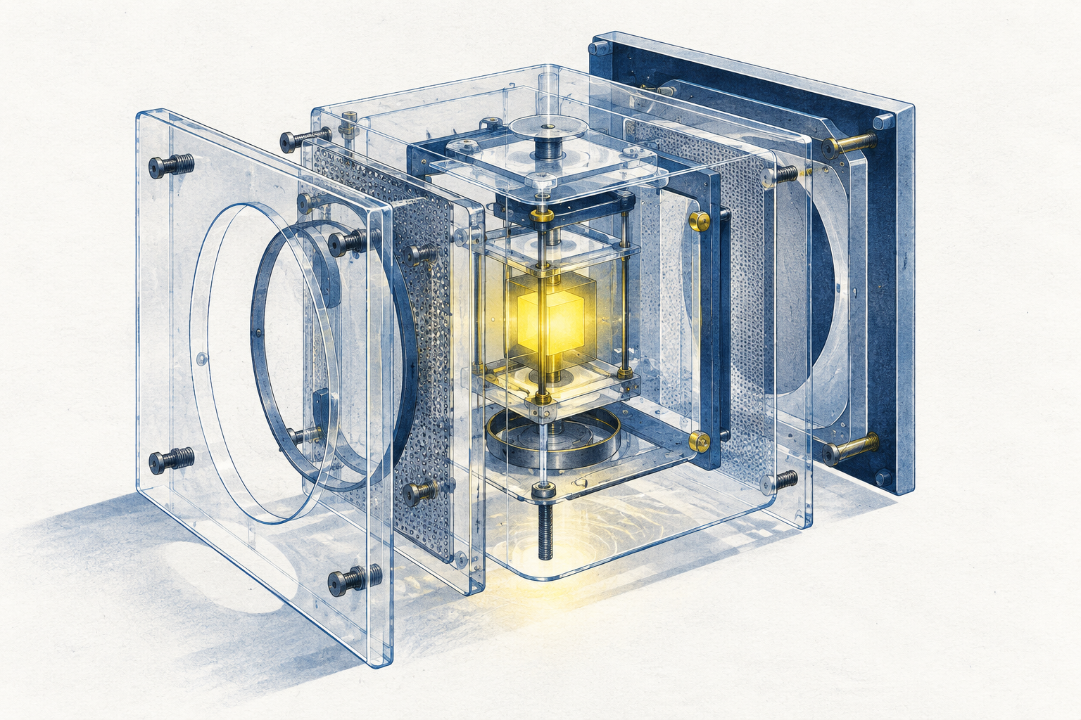 Layered transparent enclosures surrounding a luminous computational core.